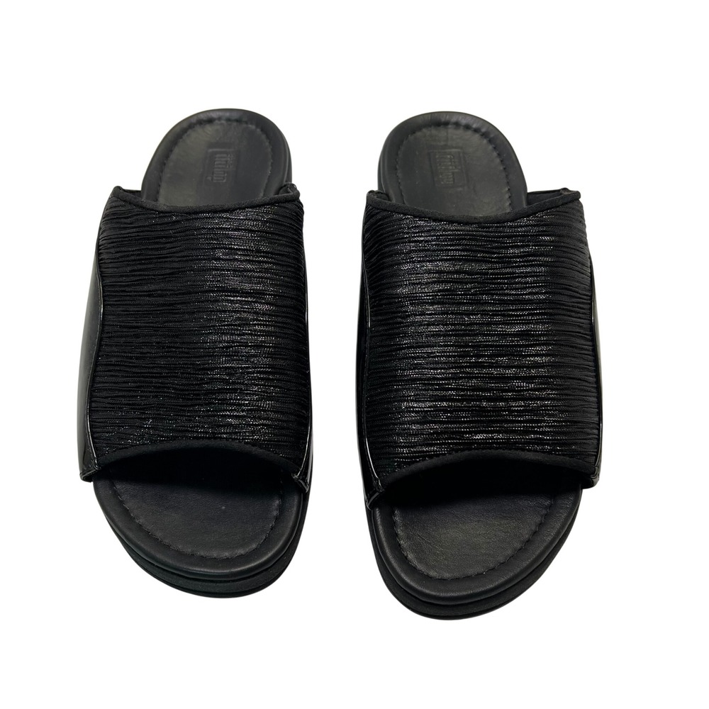 FitFlop Lulu Shimmer Slides Women Size 9 Black Platform Sandal BV7-090 Casual